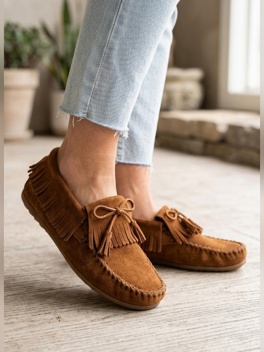 Minnetonka Suede Fringe Tassel Slip-On Moccasins - Cognac